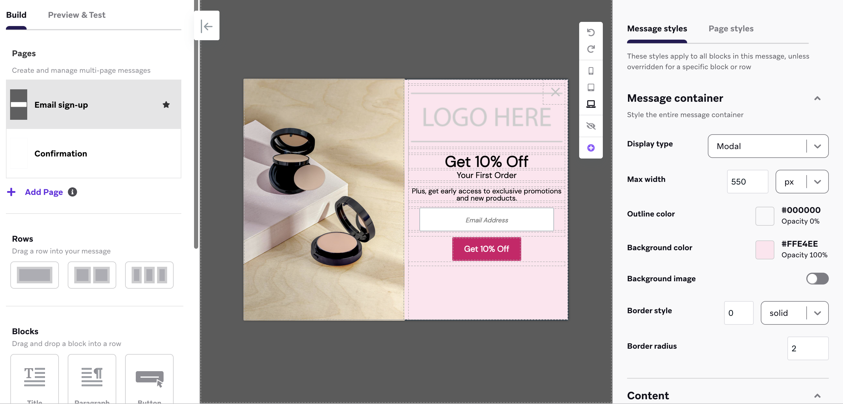 The in-app message editor with the template for an email sign-up form with discount.