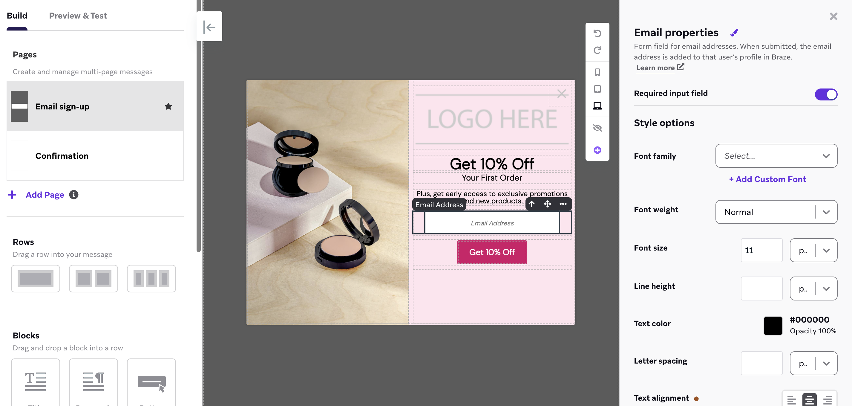 The in-app message editor with a side menu for customizing the email capture element.