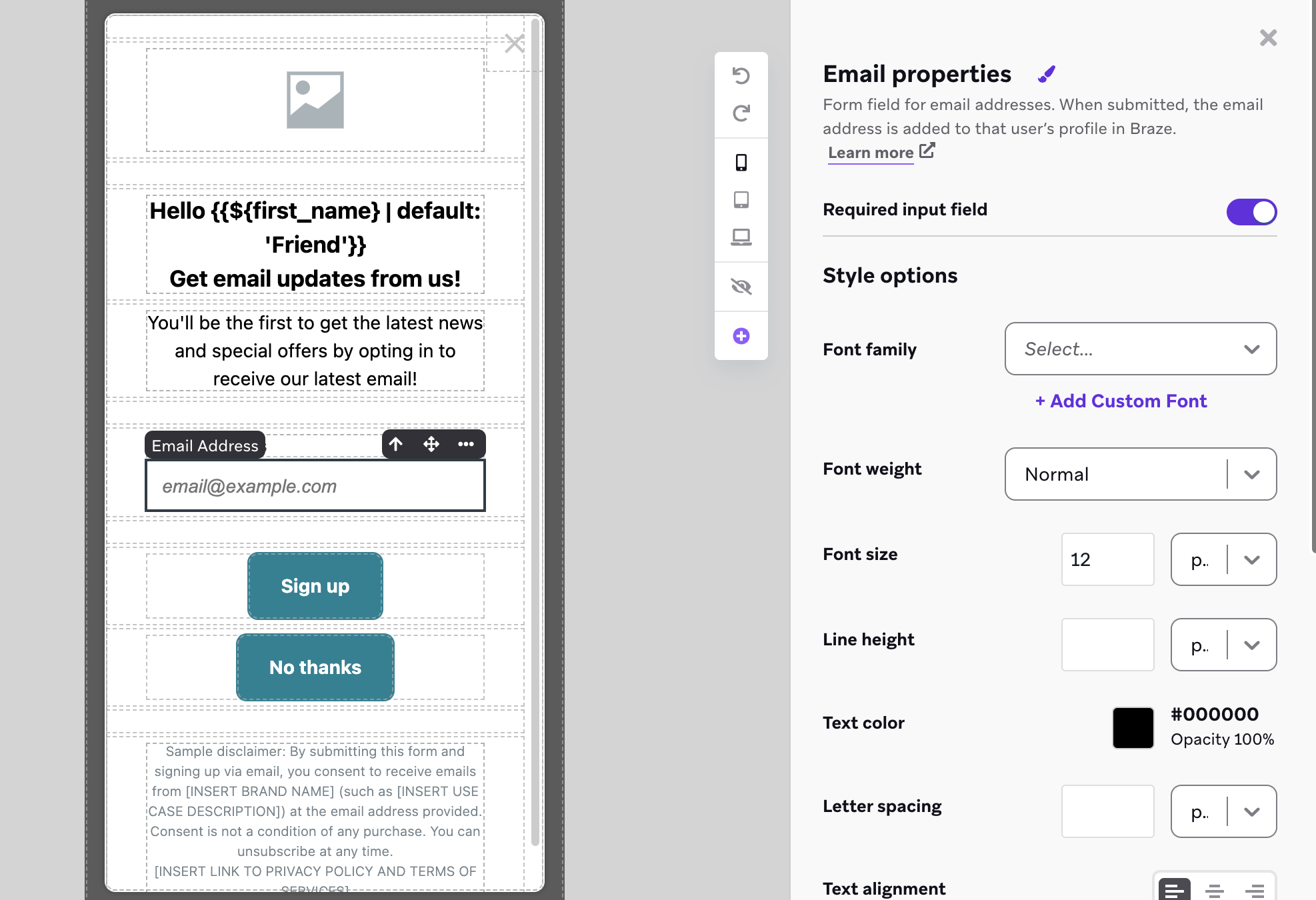 The in-app message editor with a side menu for customizing the email capture element.