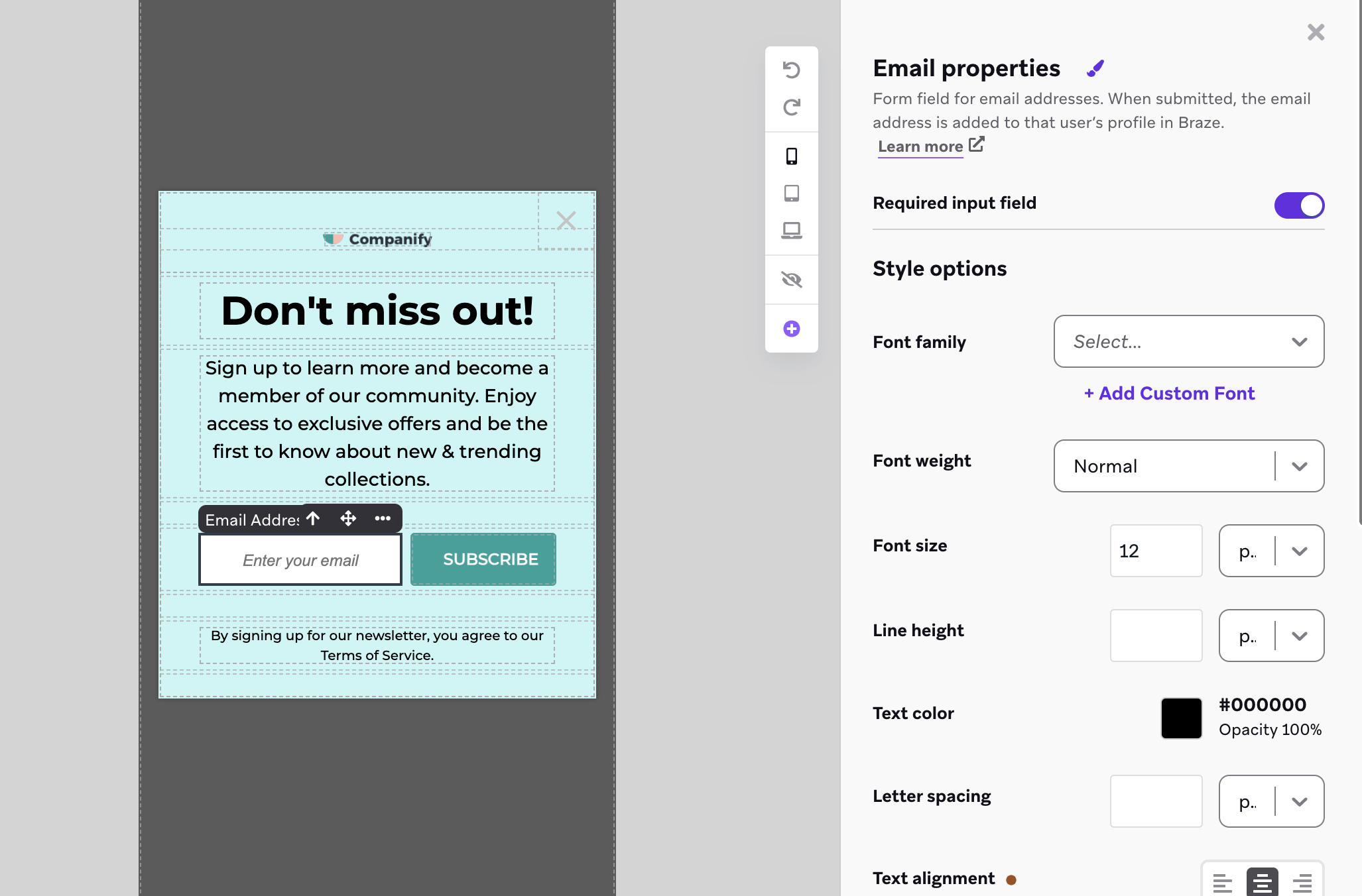 The in-app message editor with a side menu for customizing the email capture element.