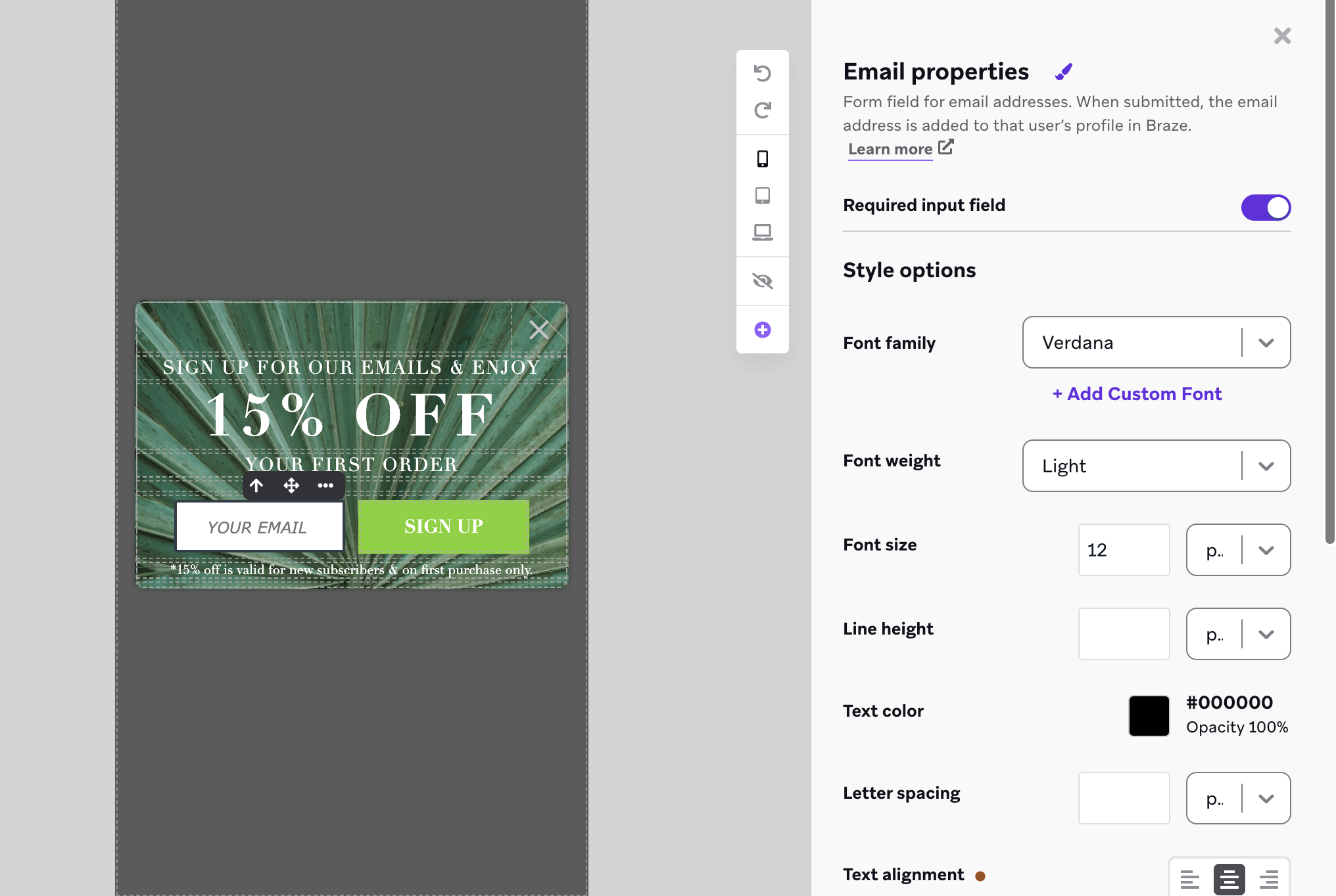 The in-app message editor with a side menu for customizing the email capture element.