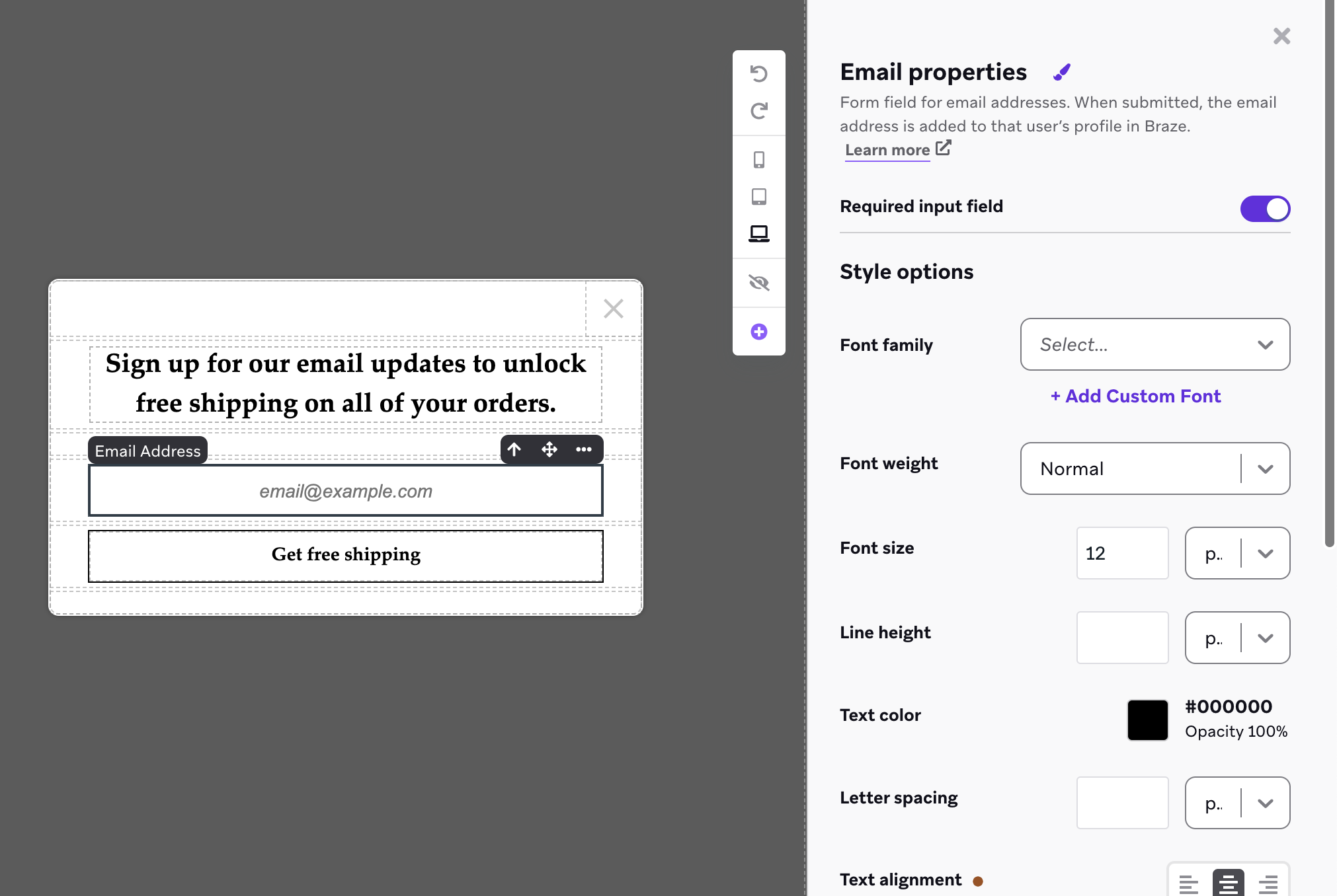 The in-app message editor with a side menu for customizing the email capture element.
