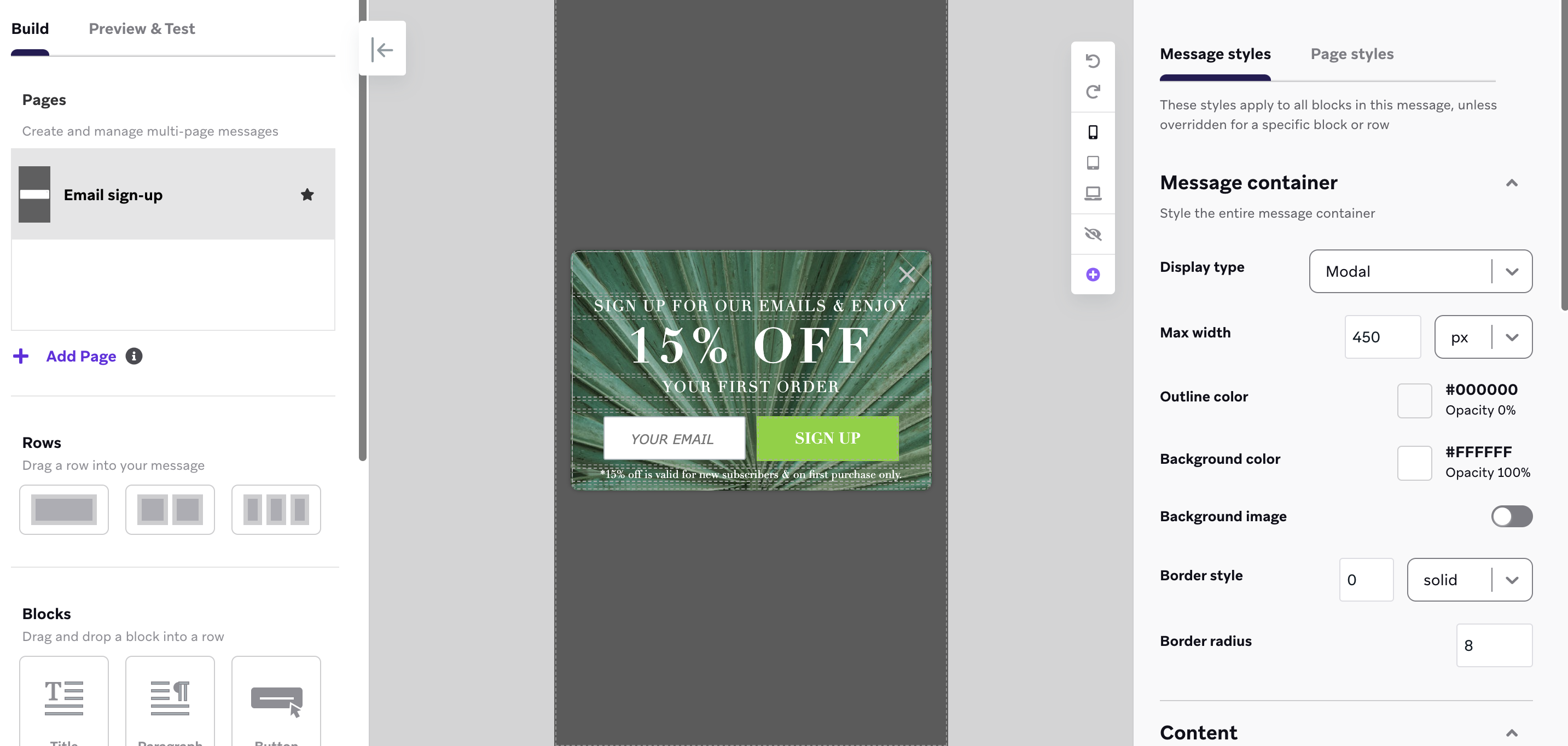 The in-app message editor with the template for an email sign-up form with a background image.