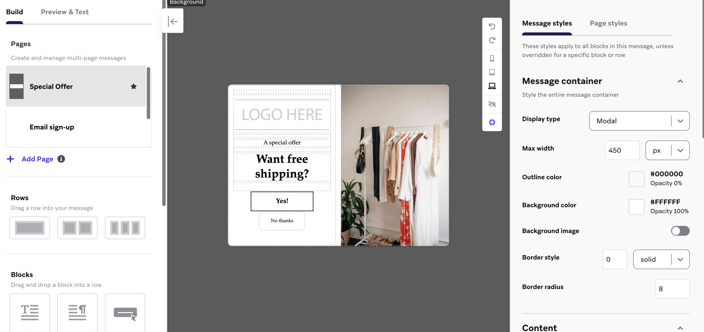 The in-app message editor with the template for an email sign-up form with a special offer.