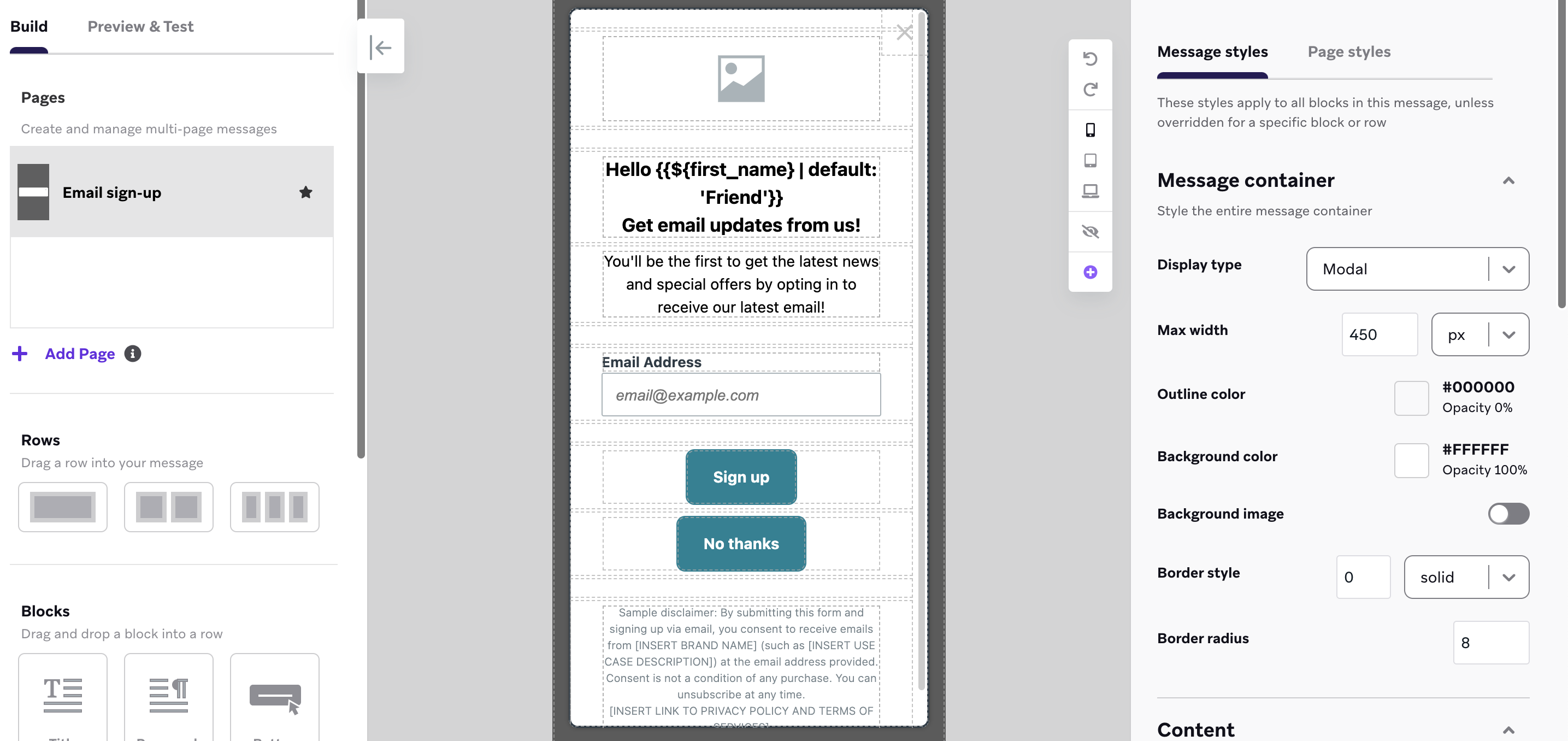 The in-app message editor with the template for an email capture form.