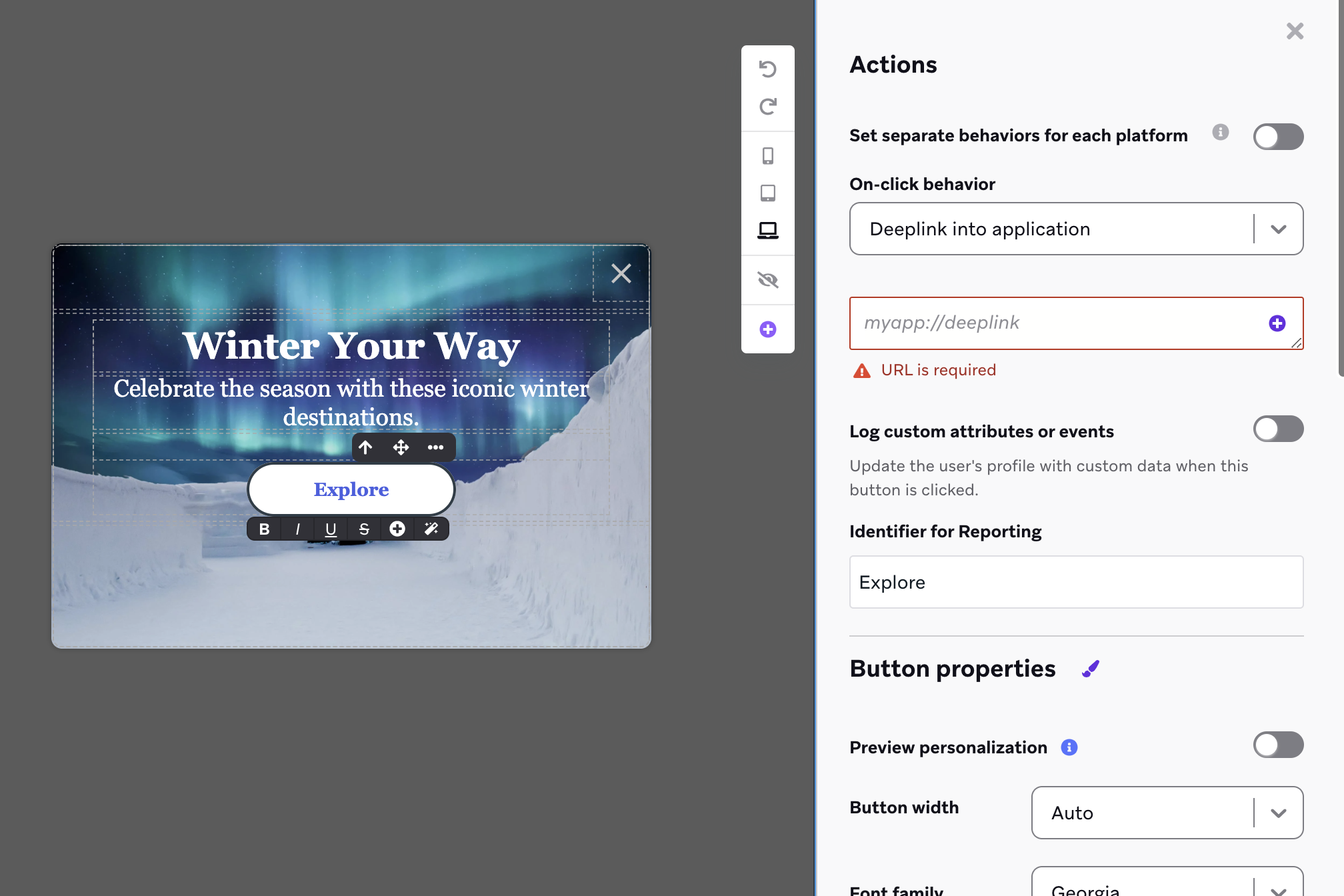 The in-app message editor with a side menu for customizing the button element.