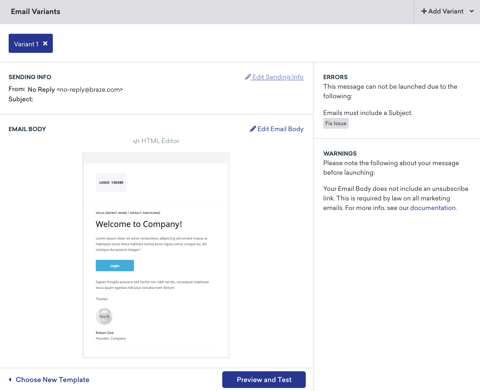 Email Variants panel for composing your email.