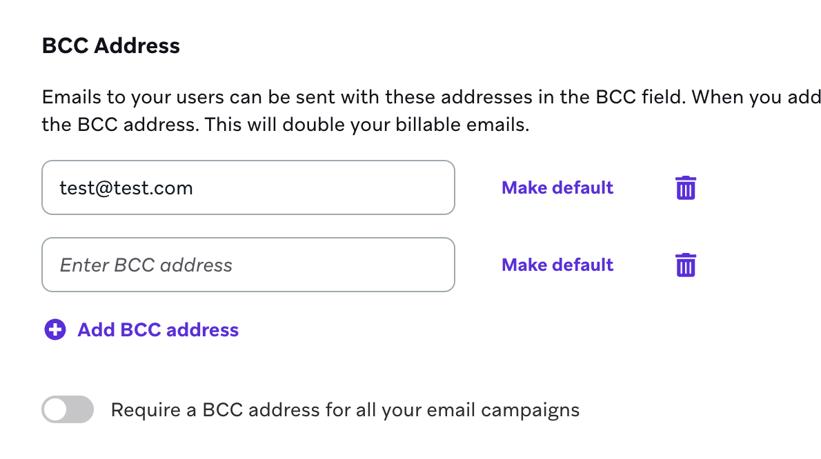 BCC Address section of the Email Settings tab.