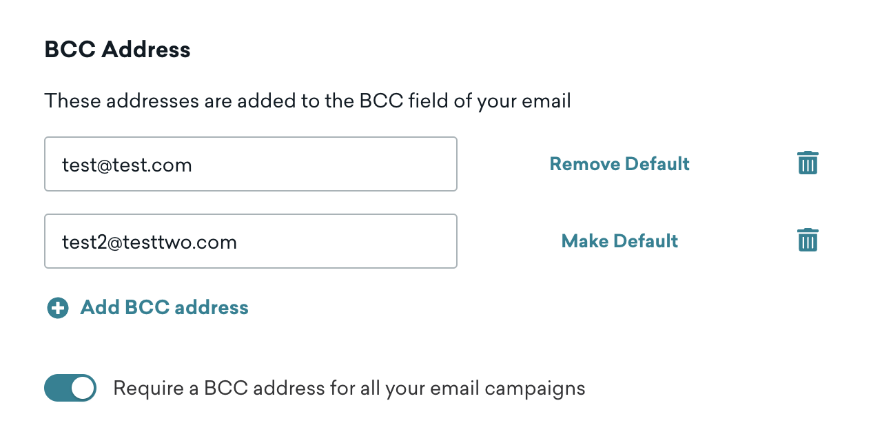 BCC Address section of the Email Settings tab.