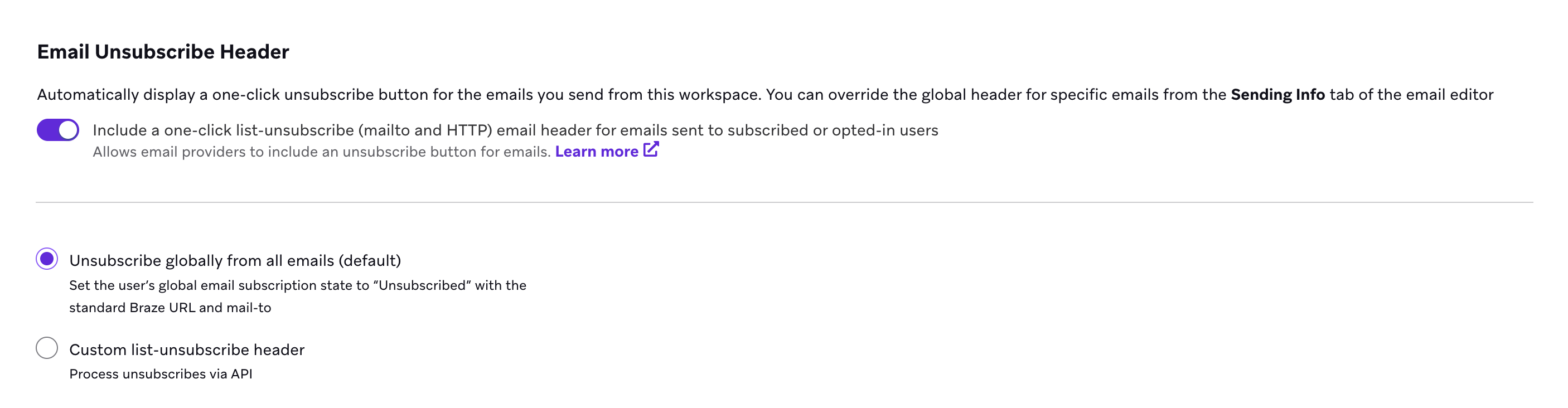 Option to automatically include a list-unsubscribe header for emails sent to subscribed or opted-in users.