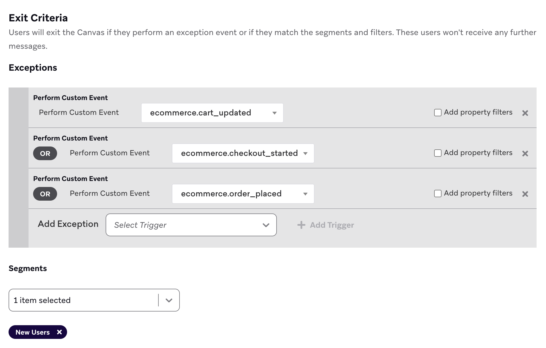 The exit criteria set up to re-engage users who have browsed products but haven't added them to their cart or placed an order yet.