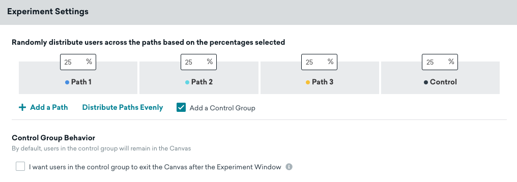 Experiment Settings where you can add paths and distribute the percentage of users in each path.