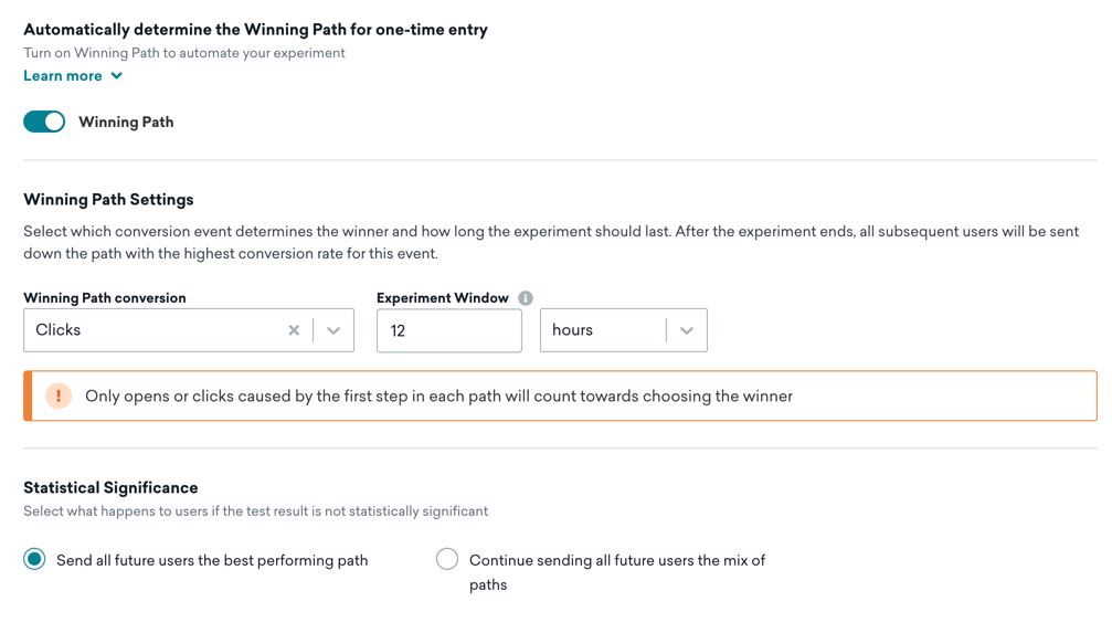 Settings in Experiment Path titled "Distribute Subsequent Users to Winning Path". The section includes a toggle for Winning Path, and options to configure the conversion event and experiment window.