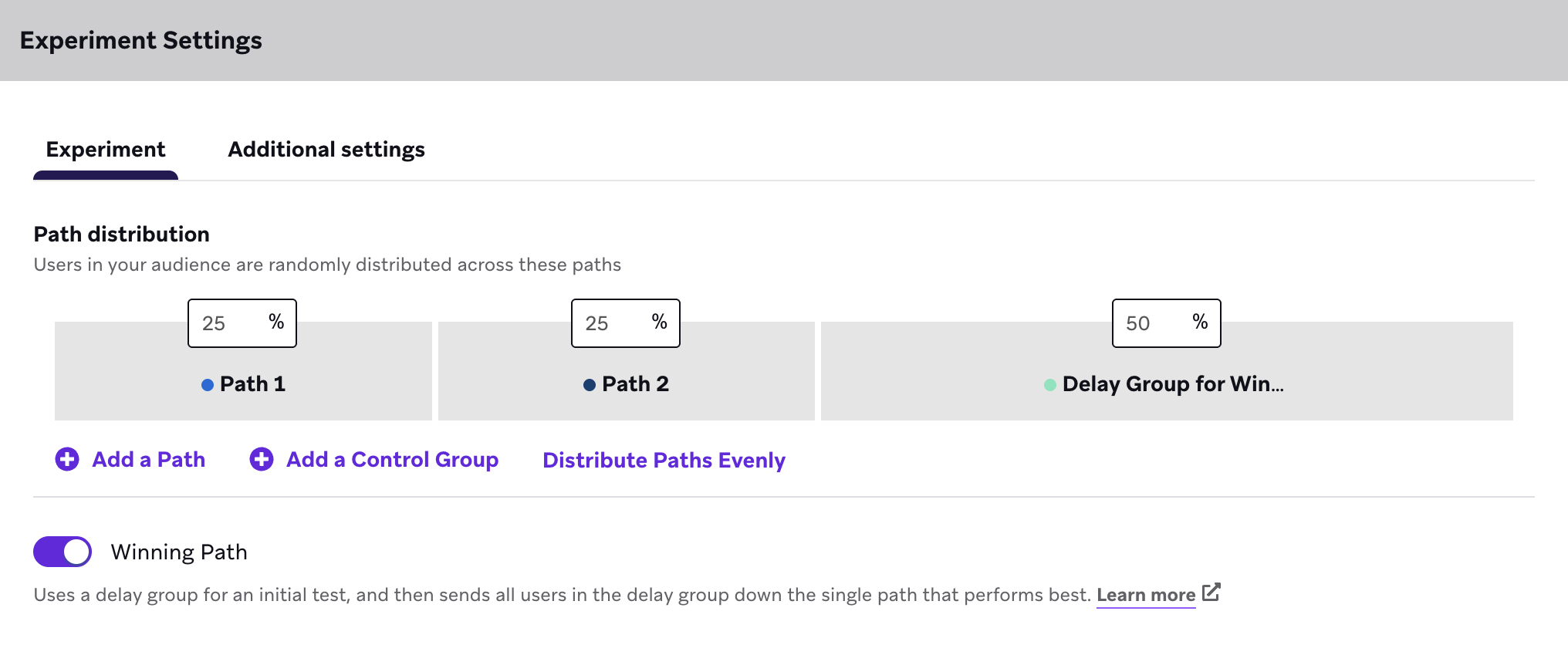 Settings in Experiment Path titled "Distribute Subsequent Users to Winning Path". The section includes a toggle for Winning Path, and options to configure the conversion event and experiment window.