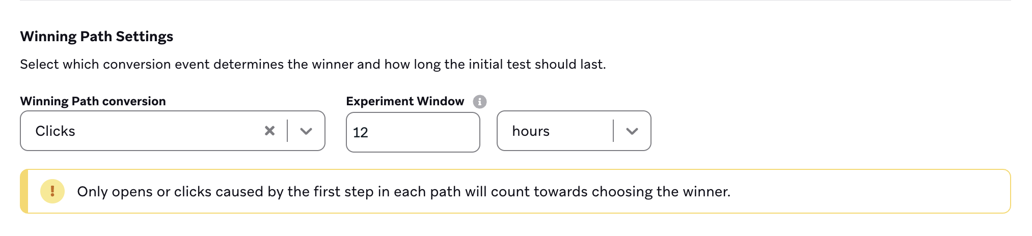 Winning Path Settings with the conversion event "Clicks" selected for a 12-hour experiment window.