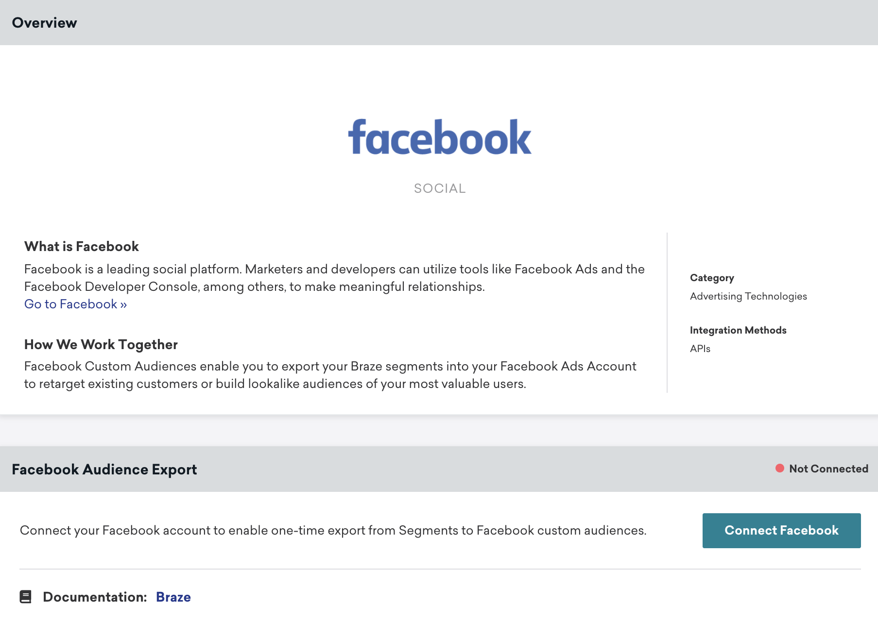 Facebook technology page in Braze that includes an Overview section and Facebook Audience Export section with the Connected Facebook button.