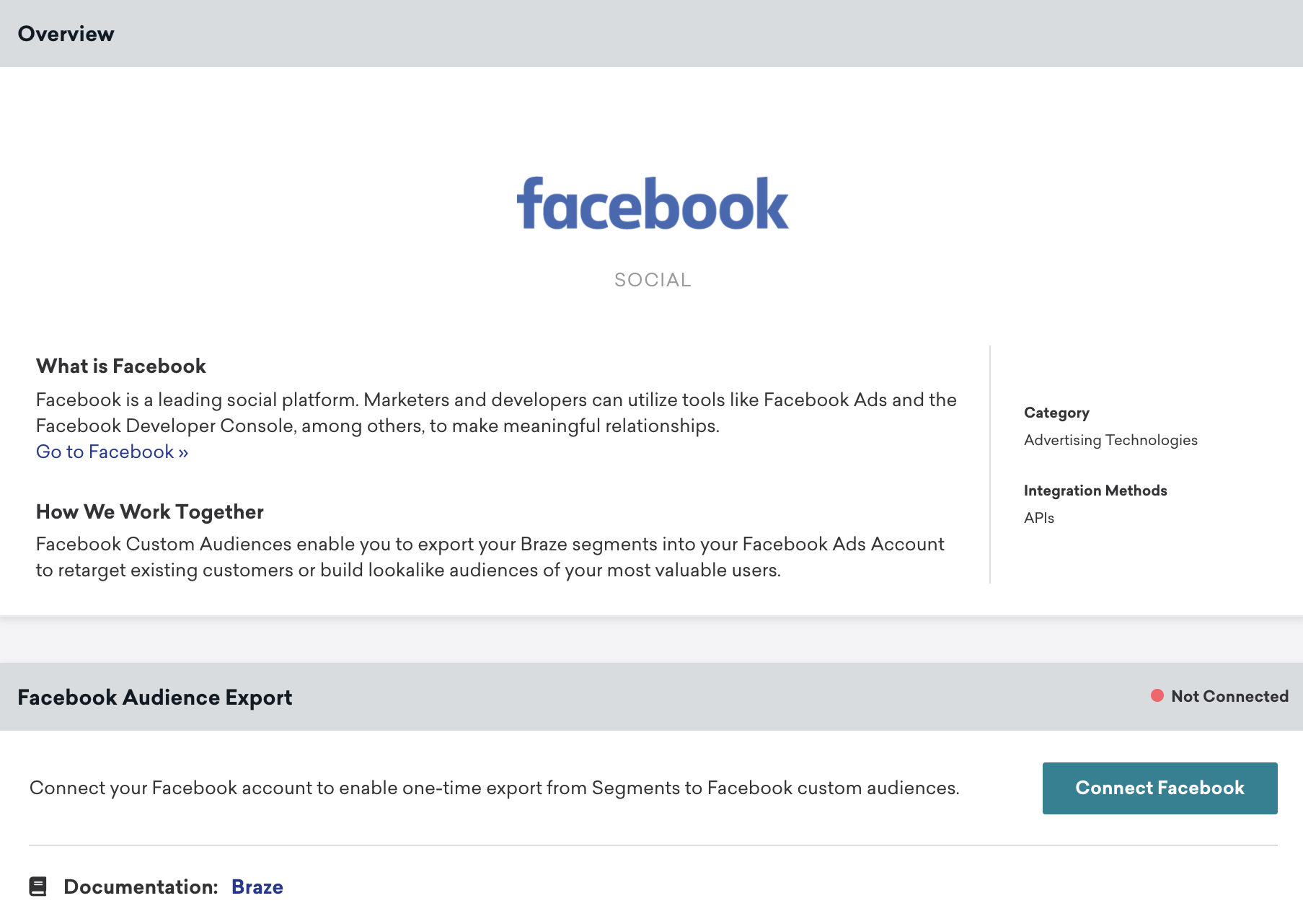 Facebook technology page in Braze that includes an Overview module and Facebook Audience Export module with the Connected Facebook button.