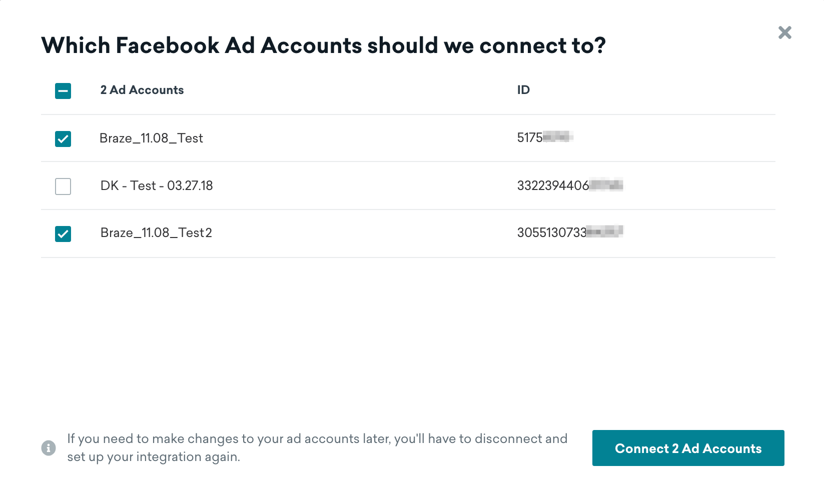A list of available ad accounts you can connect to Facebook.