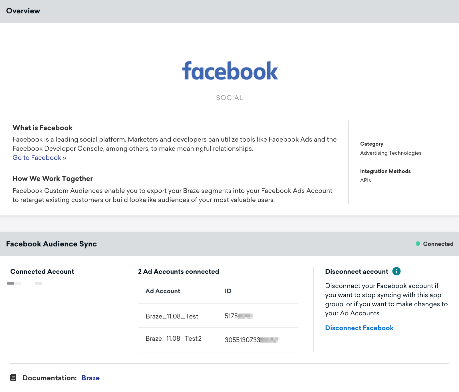 An updated version of the Facebook technology partners page showing the ad accounts successfully connected.