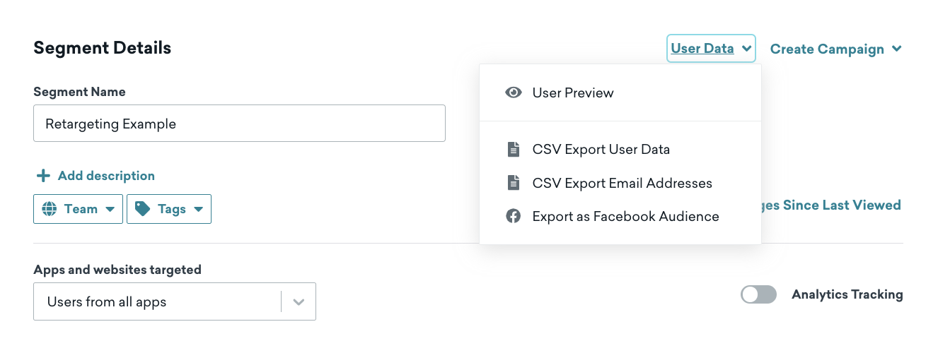 The "Segment Details" section of a segment with "User Data" selected to display a dropdown of options that include "Export as Facebook Audience".