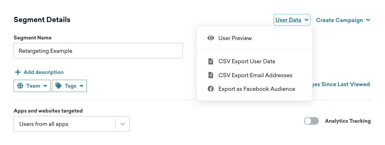 A list of Braze segments. For the first segment, the setting symbol is selected and the "Export as Facebook Audience" button is shown.