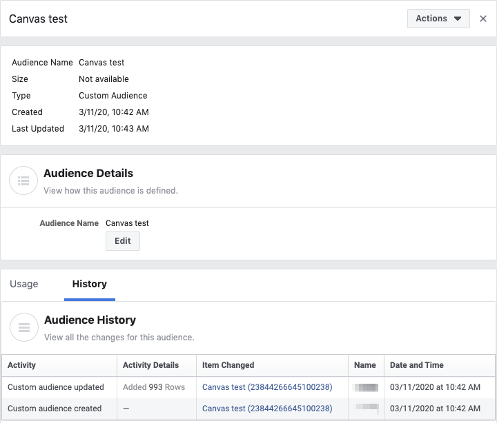 Audience details and the History tab for a given Facebook audience that includes an Audience History table with columns for the activity, activity details, items changed, and the date and time.