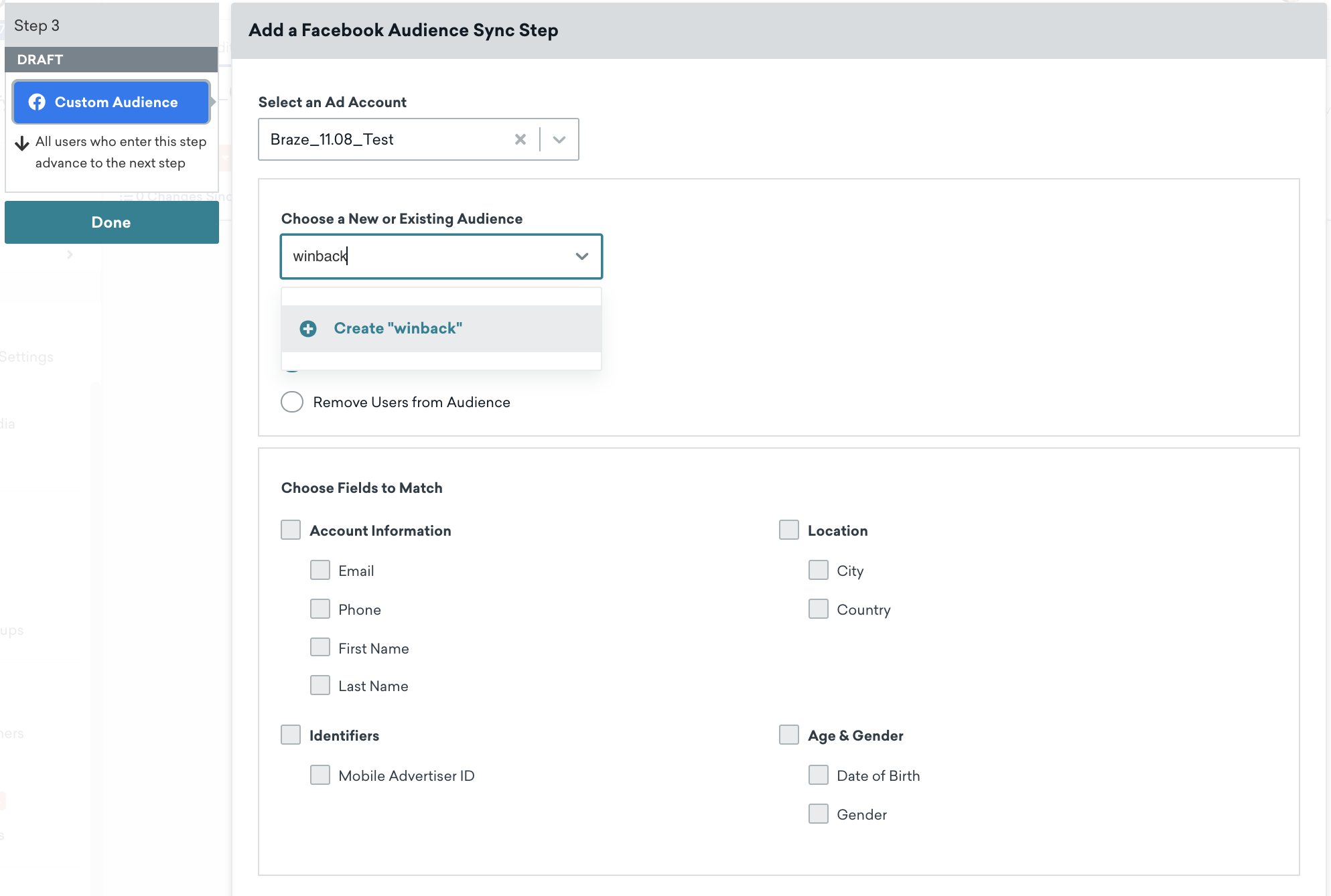 Expanded view of the Custom Audience Canvas step. Here, the desired Ad account is selected and a new audience is created.