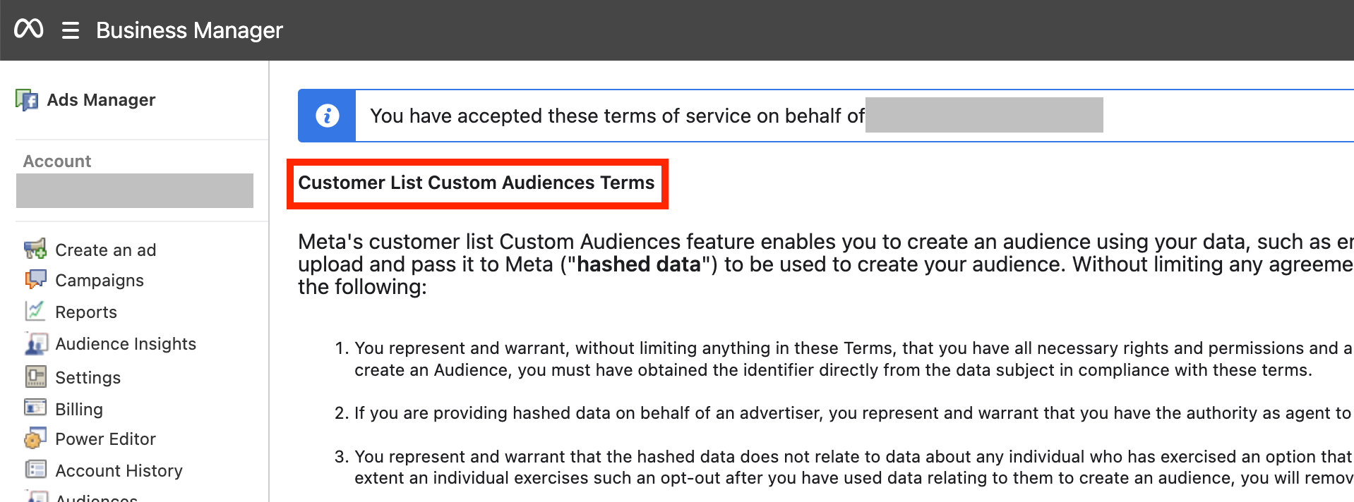 An example of the terms to accept for customer list custom audiences.