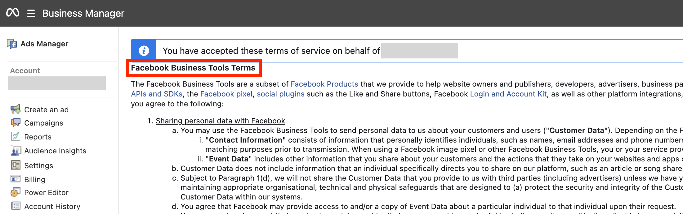 An example of the terms to accept for Facebook business tools.