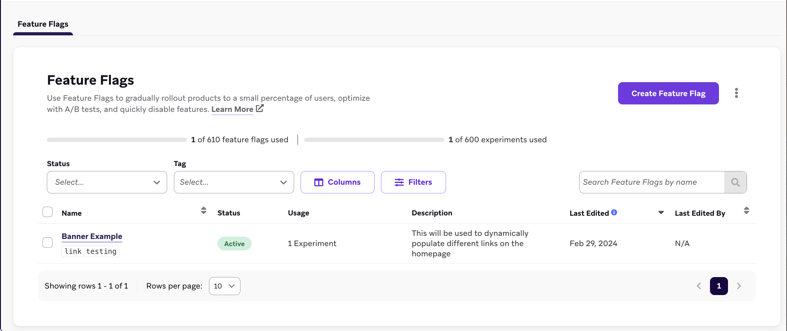 A datatable showing an existing feature flag and how to create a new one.