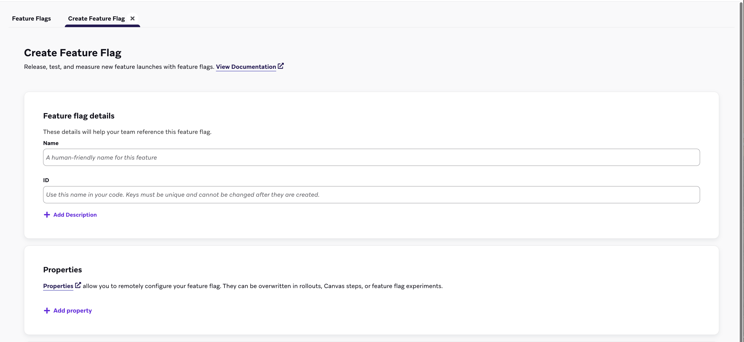 A form showing that you can add a name, ID, description and properties to a feature flag.