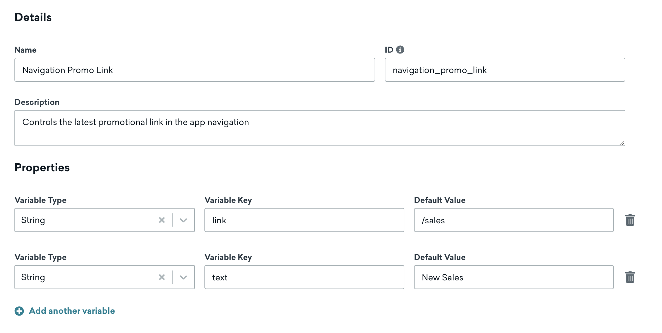 Feature flag with link and text properties directing to a generic sales page.