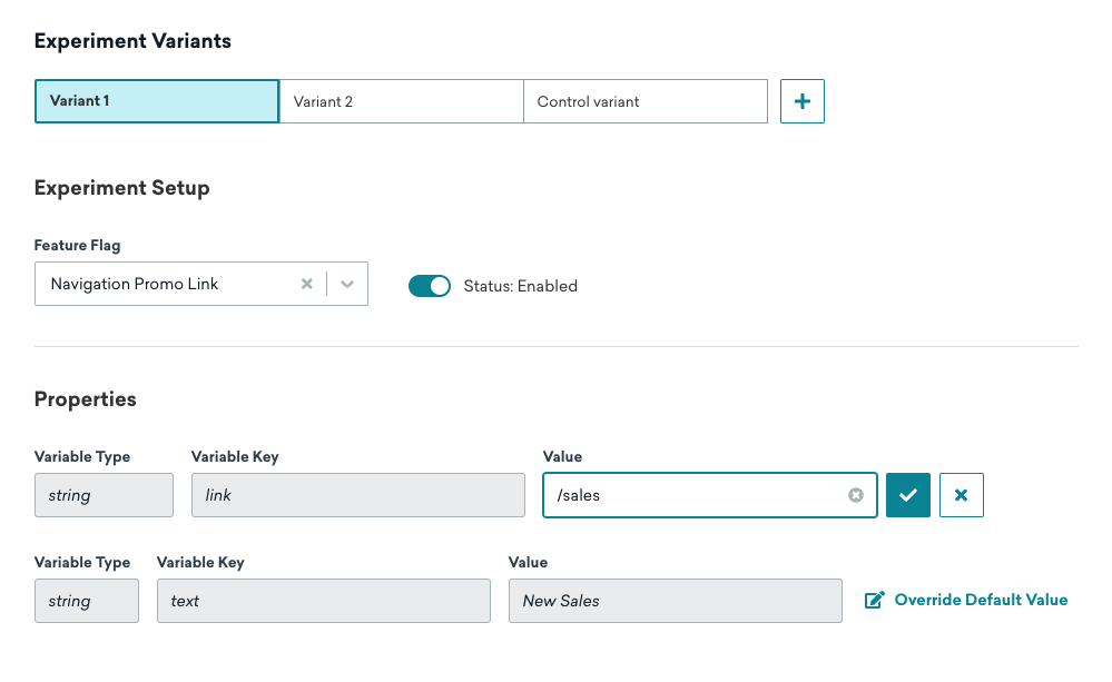 The 'Experiment Variants' section with the 'link' variable key overwritten with '/sales'.