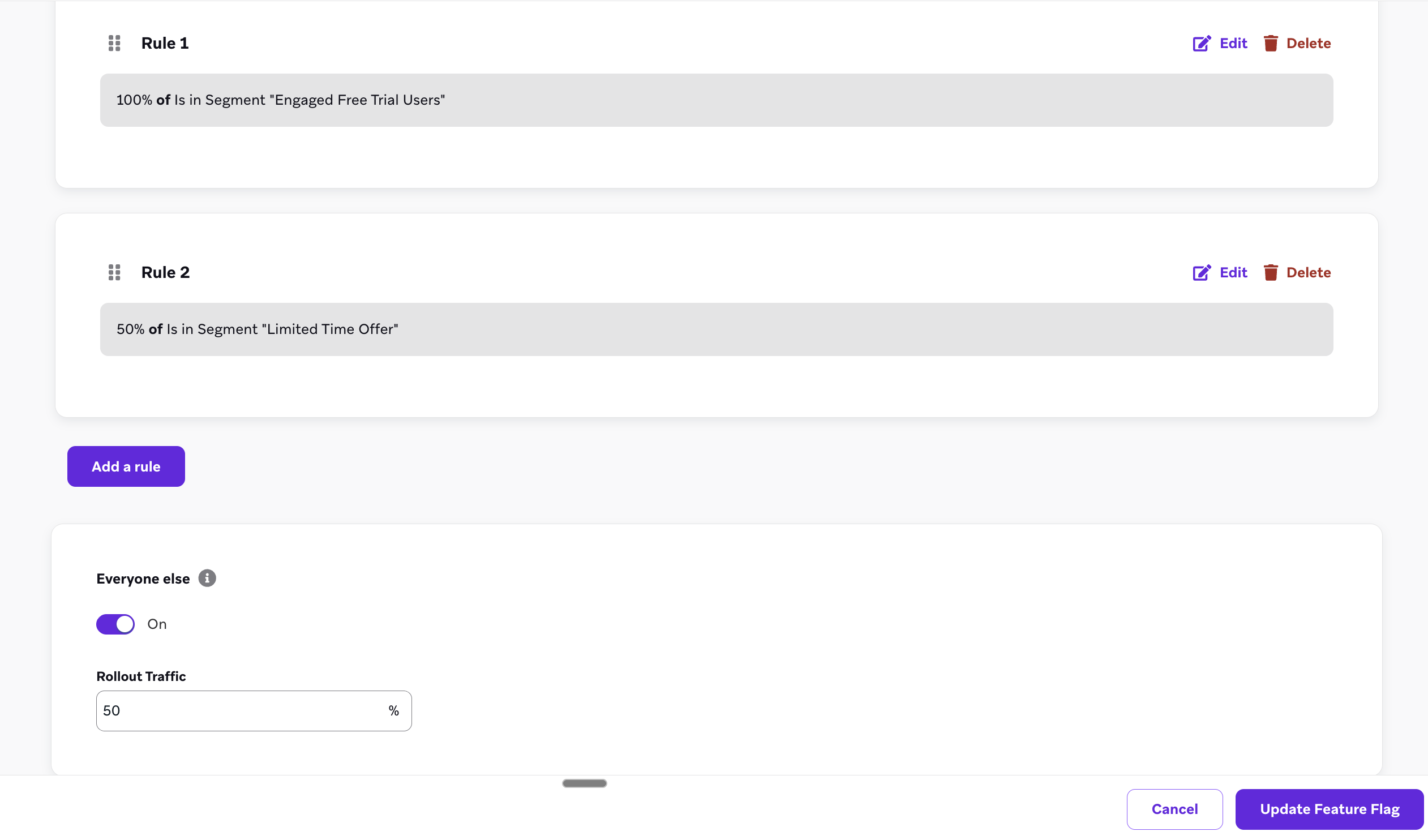 An image showing a summary of a feature flag with multiple rules added and an everyone else rule.