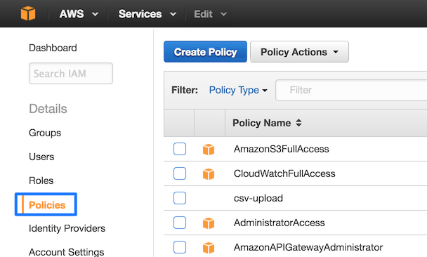 Amazon IAM Console with list of policies.