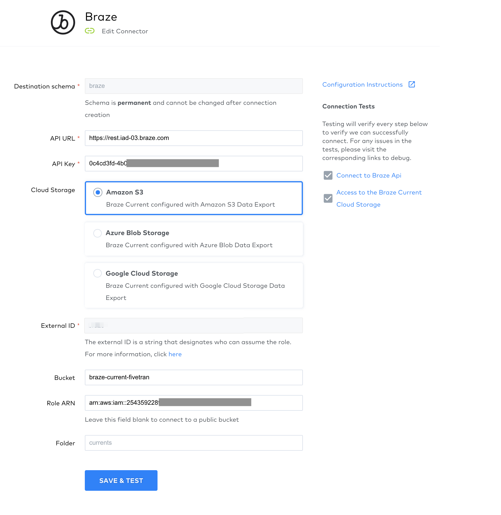 The Fivetran set up Braze connector form. The external ID field needed for this step is located in the middle of the page in a light gray box.