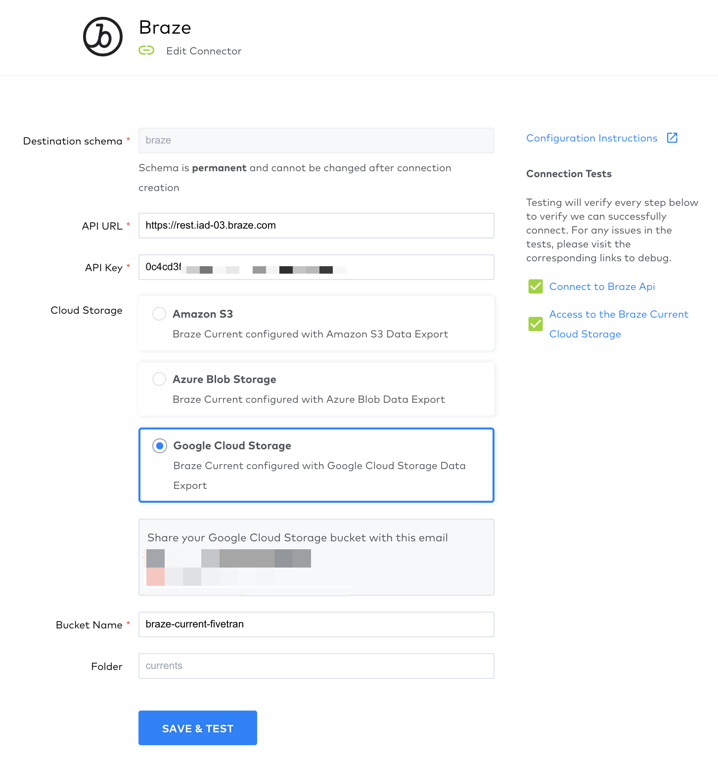 The Fivetran set up Braze connector form. The email field needed for this step is located in the middle of the page in a light gray box.