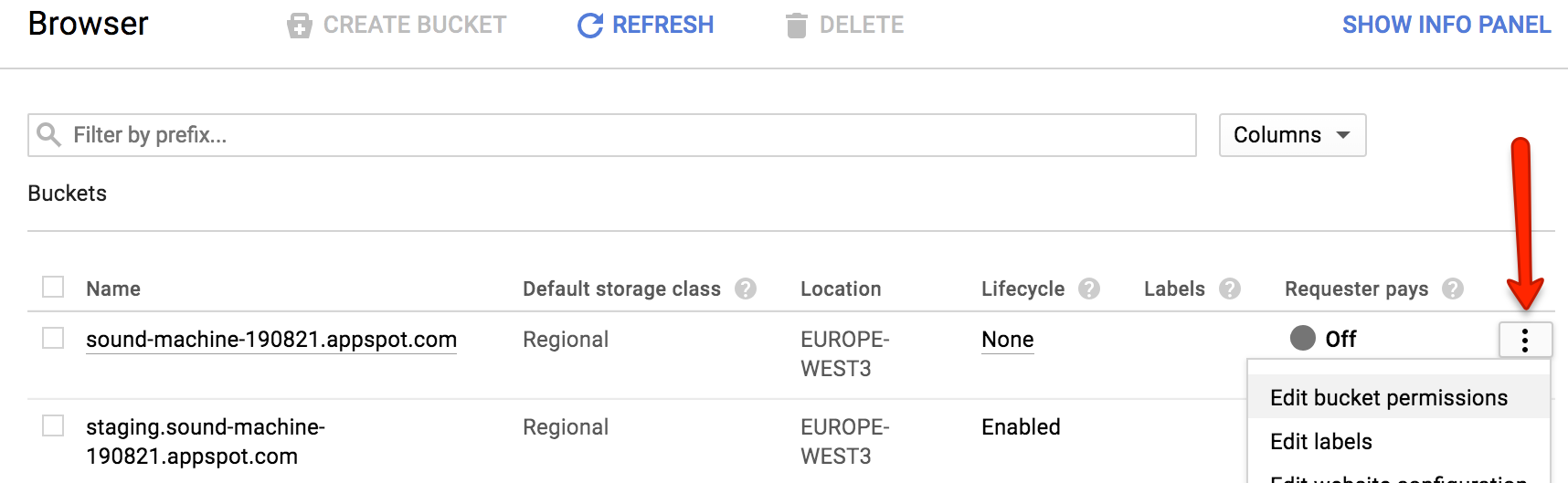 The Google Storage Console available buckets. Locate a bucket and select the vertical three dot icon to open the drop down that allows you to edit bucket permissions.