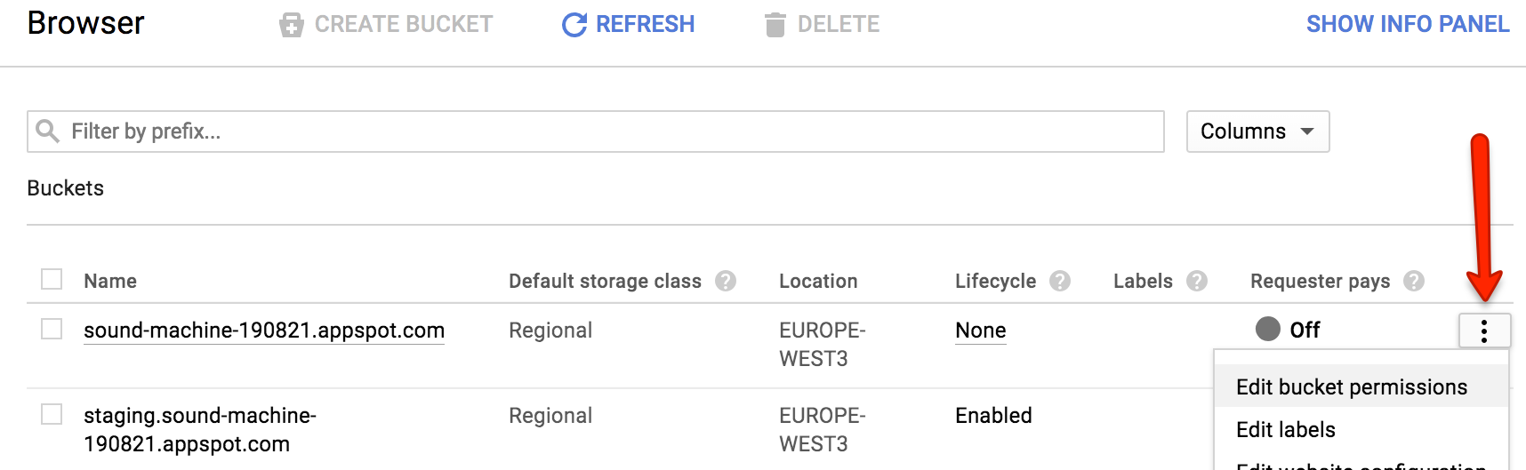 The Google Storage Console available buckets. Locate a bucket and click the vertical three dot symbol to open the drop down that allows you to edit bucket permissions.