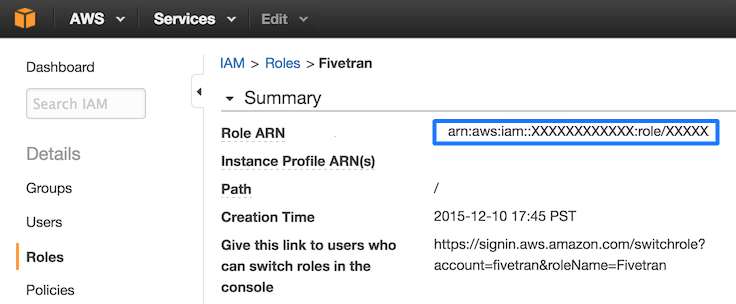 The Amazon S3 ARN listed in the role.