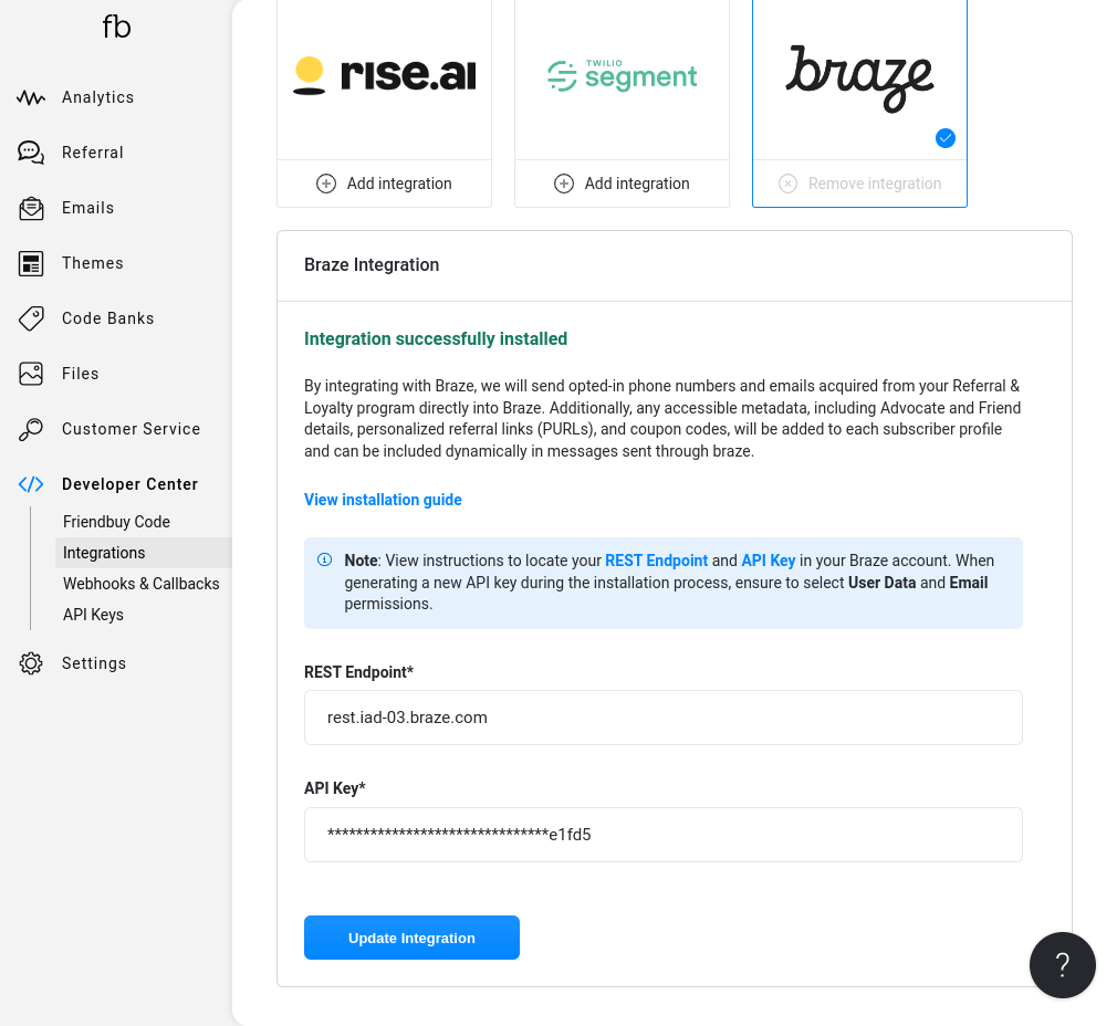 The Braze integration card in Friendbuy.