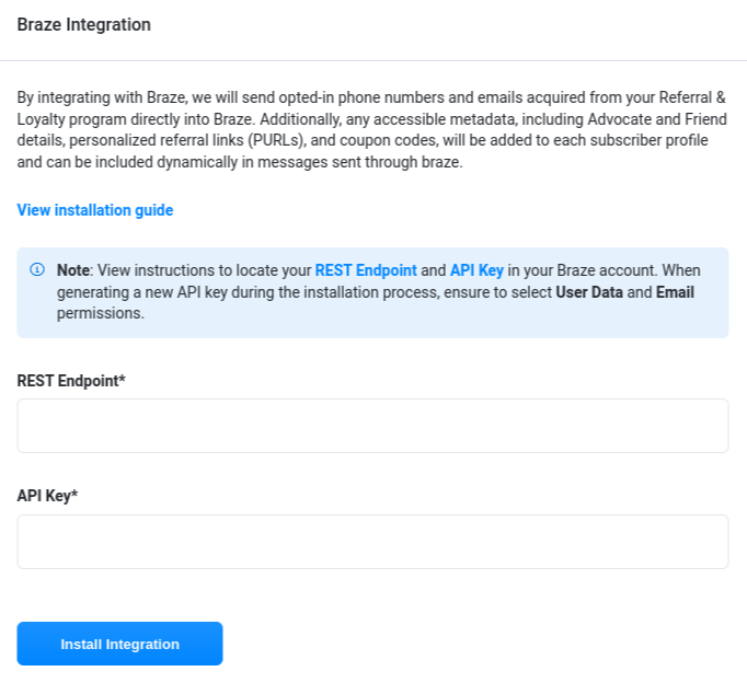 The Friendbuy integration form.