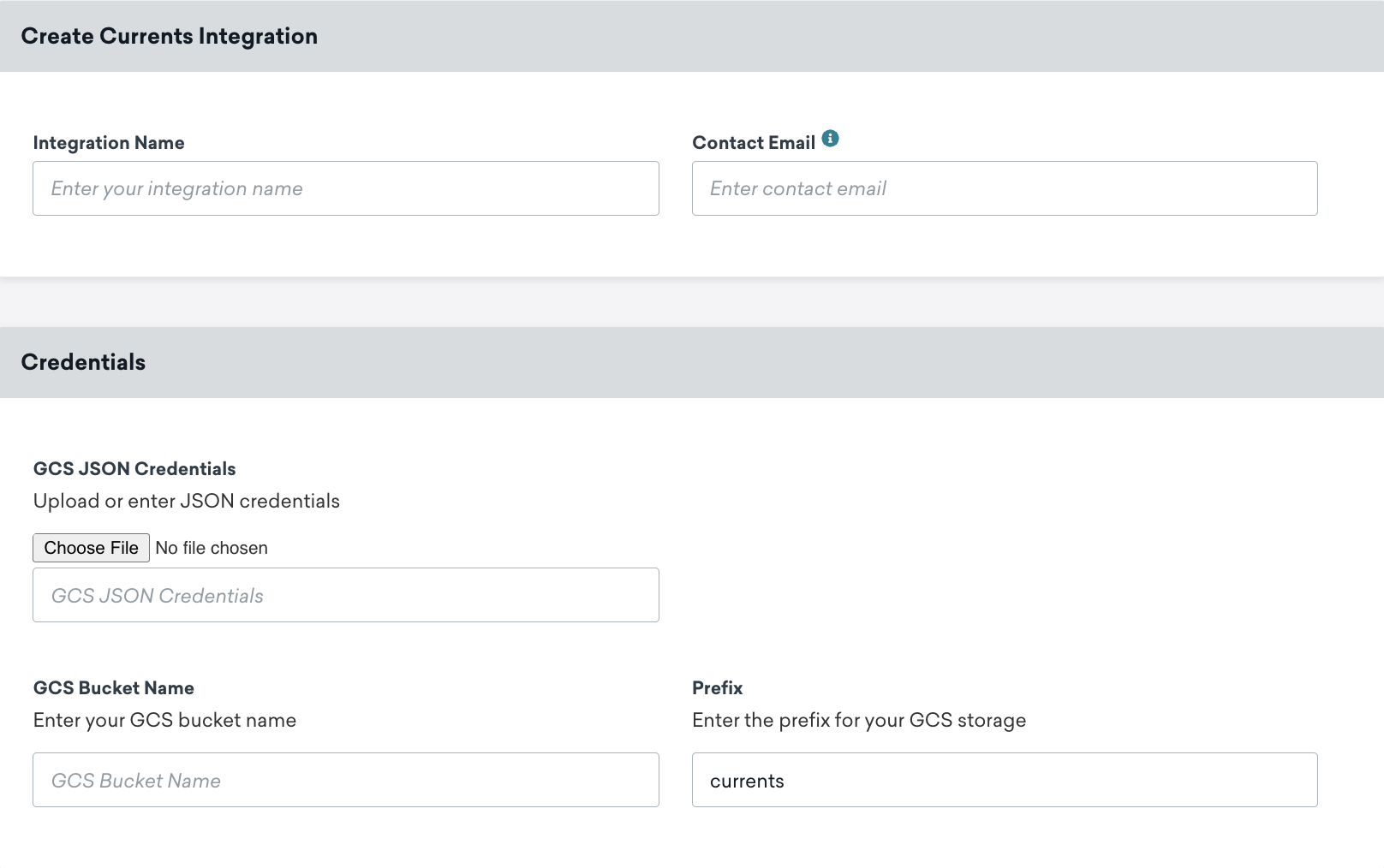 The Google Cloud Storage Currents page in Braze. On this page exist fields for integration name, contact email, GCS JSON credential, GCS bucket name, and prefix.