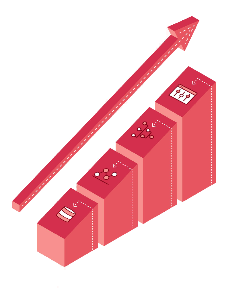 Abstract pyramid graphic representing the flow of information from a data source to a user device.