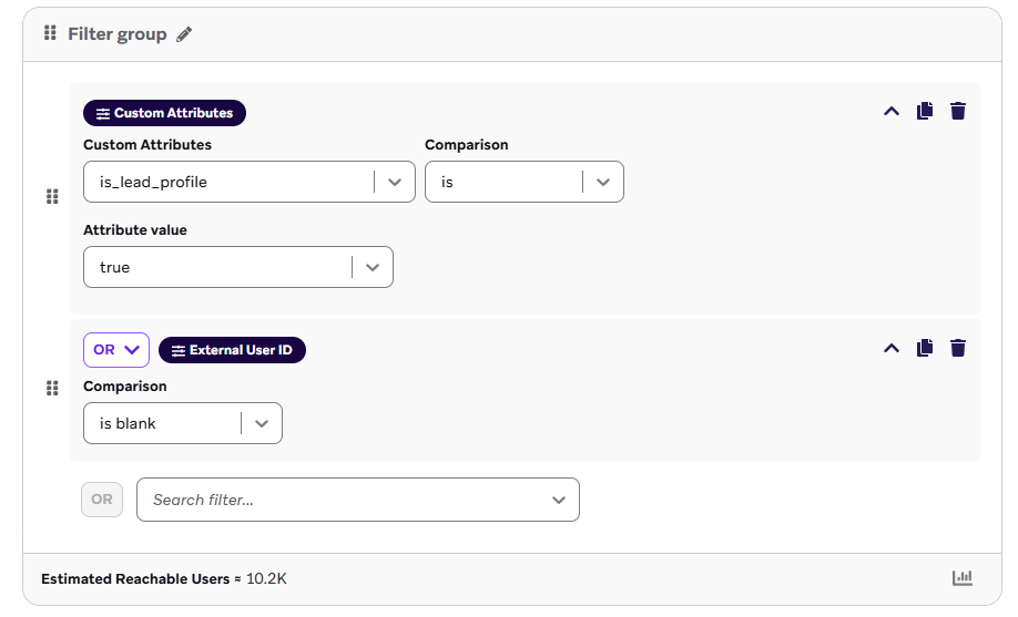Segment filters for a blank external user ID and a true "is_lead_profile" custom attribute.