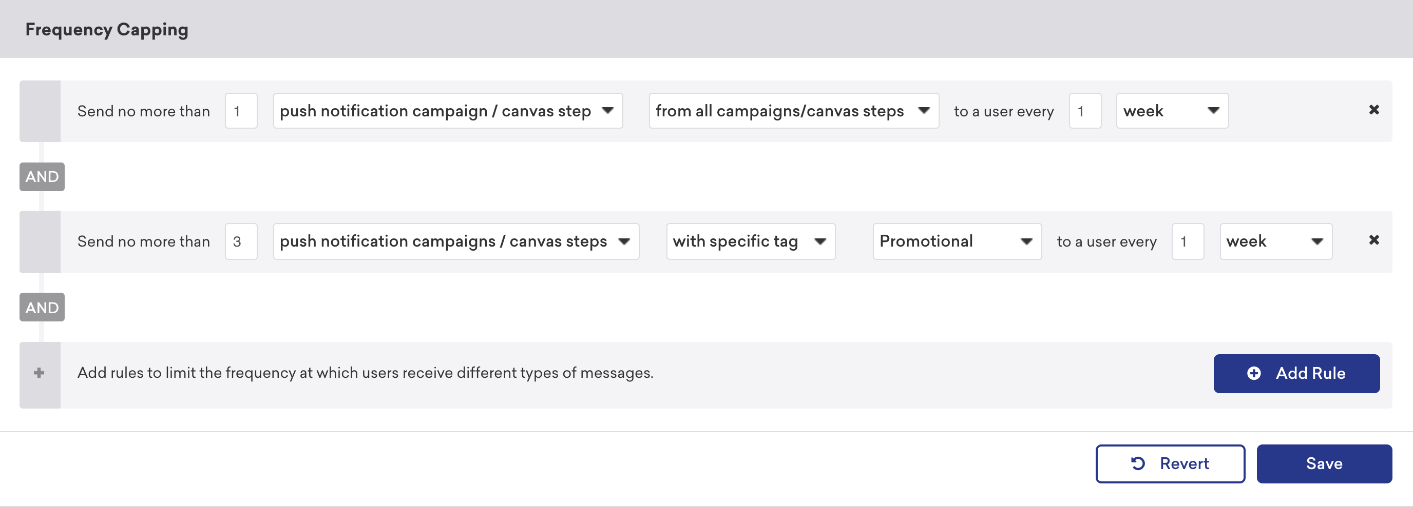 Frequency Capping section with conflicting rules to limit how many push notification campaigns/Canvas steps are sent to a user every 1 week.