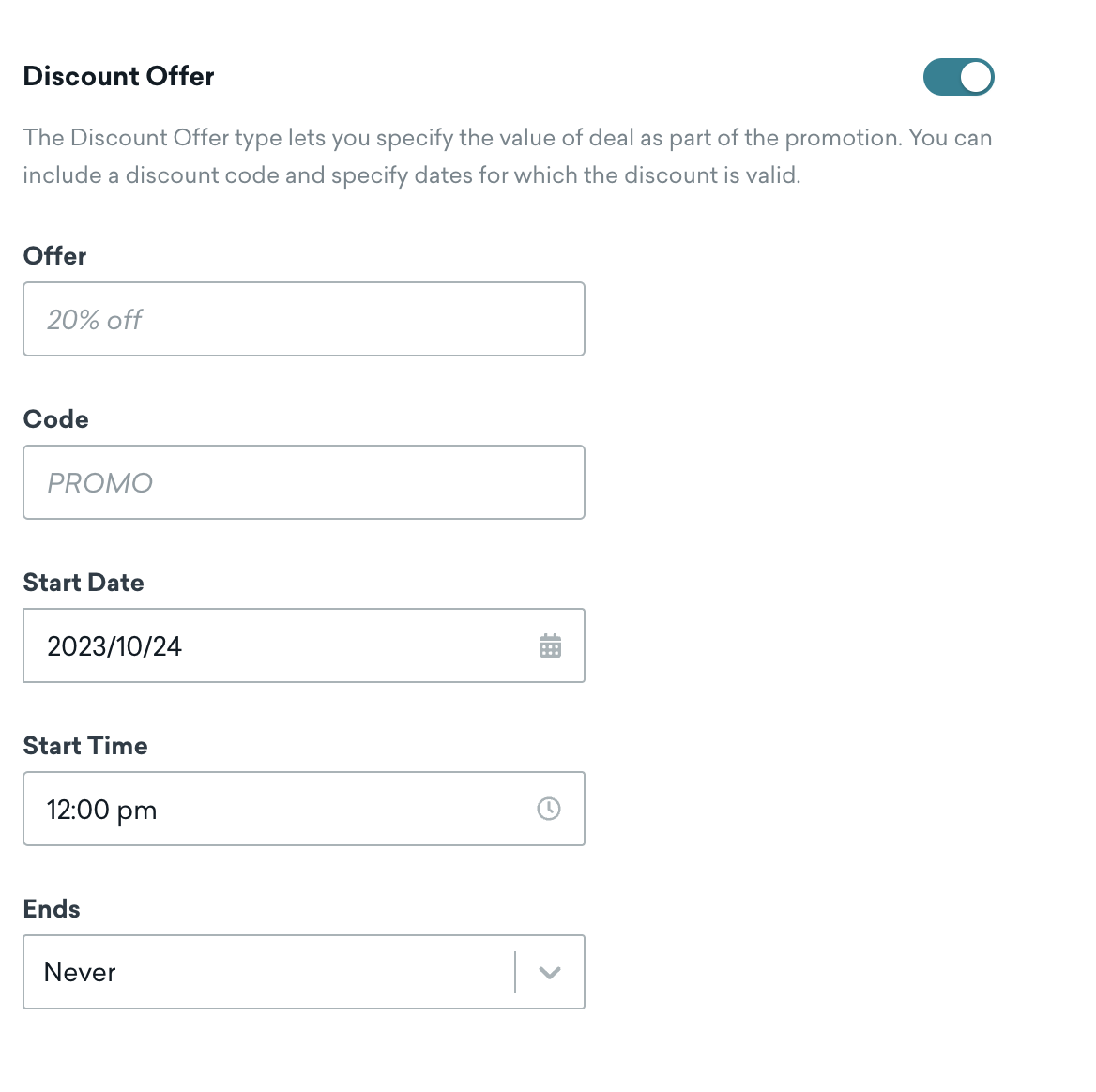 Options to specify the offer value, code, and start date and time for a discount offer.