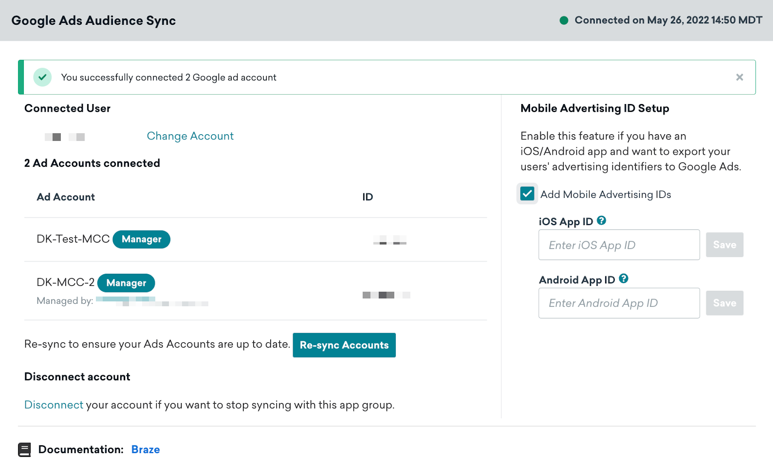 The updated Google Ads technology page showing the Ad accounts connected, allowing you to re-sync accounts and add mobile advertising IDs.