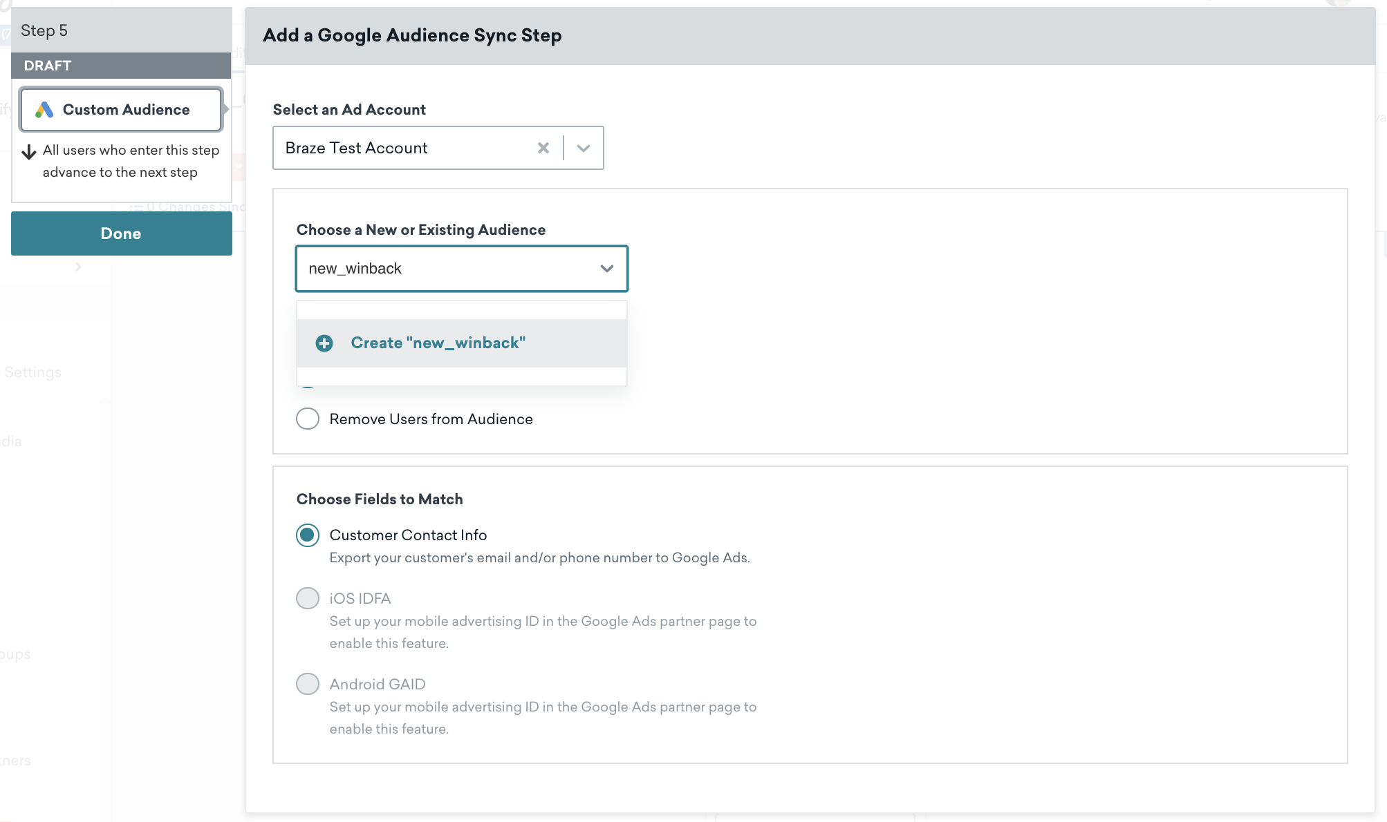 Expanded view of the Custom Audience Canvas step. Here, the desired Ad account is selected, a new audience is created, and the "customer contact info" checkbox is selected.