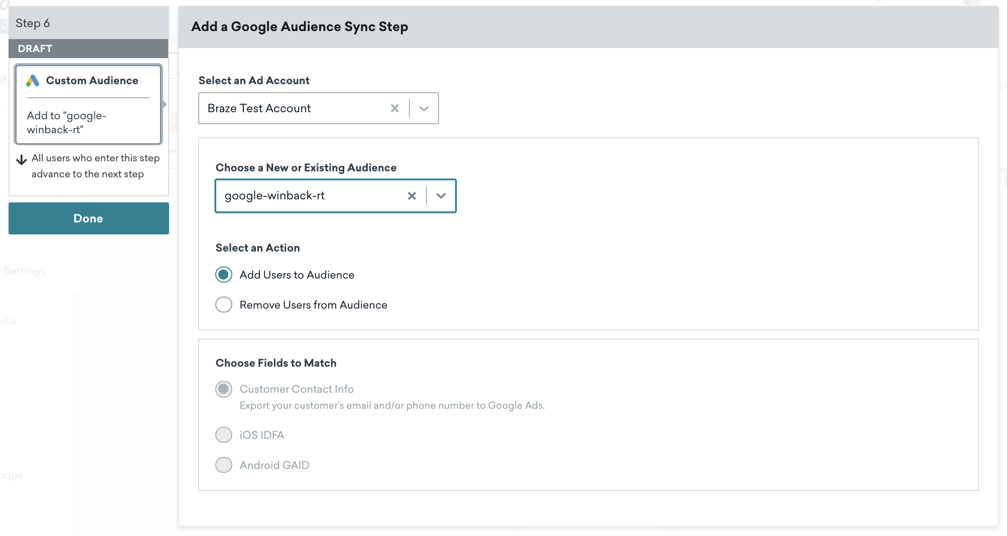 Expanded view of the Custom Audience Canvas step. Here, the desired Ad account and existing audience is selected, as well as the "Add user to Audience" radio button.